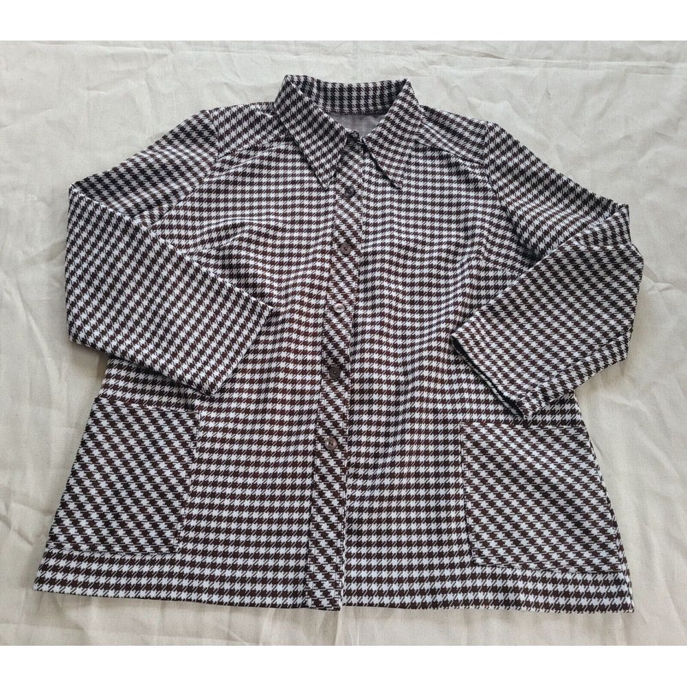 Vintage 70s Houndstooth Overcoat‎ Blazer Button Up Mod Brown White Size Large